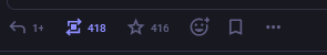 Screenshot of the like counts of a mastodon post showing 418 boosts, and 416 likes