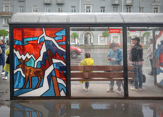 An example of the design of a bus stop with stained glass windows
