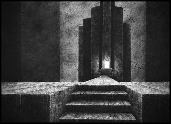 The image is a black and white drawing of a symmetrical architectural space. In the foreground, there is a set of five wide steps leading up to a large flat platform. At the center of the platform, a straight ramp continues forward and leads to another short set of steps. These steps go up to a raised rectangular structure, which has a bright white rectangular doorway in the middle.

Behind this doorway, there is a tall, blocky wall structure made of large vertical shapes, like towers or slabs. The entire scene is shaded with grainy textures, and the lighting creates strong contrasts between light and dark areas. There are no people or objects, only abstract architectural forms.
