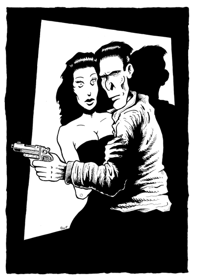 Un gangster de film noir, armé d'un revolver, essaye de  protéger une jeune femme. La femme est effrayée, le regard fixe sur une menace inconnue.

A film noir gangster, armed with a revolver, tries to protect a young woman. The woman is frightened, staring at an unknown threat.