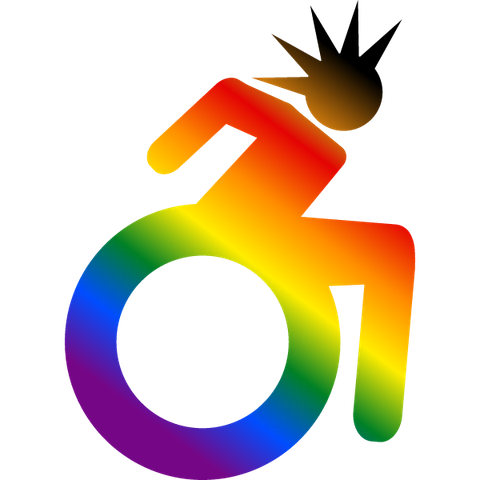 a simple cripplePunk accessibility icon in a rainbow gradient made by evel of aldercone studio of a person with a spiked cresta in a wheelchair actively pushing themselves. the colors go from violet at the bottom of the wheel to red at the person's shoulder, then brown and black at their face and hair. it's made for public domain, available on freeSVG here: https://freesvg.org/cripplepunk-accessible-icon