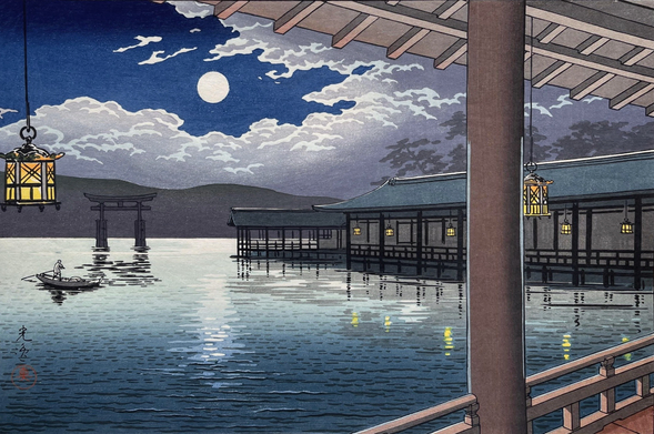 A full moon rises over Itsukushima Shrine, at Miyajima, Hiroshima. A solitary pilot steers a small open boat toward a waterside temple lit with hanging lanterns. Beyond, the famous 'floating' torii gate stands in Matsushima Bay, surrounded by water silvered by moonlight. Further on, low shadowy mountains cross the horizon. Above, the bright full moon shines through a break in the clouds, dominating a starless night sky.