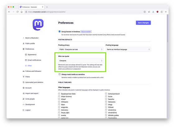 Screenshot from the updated Mastodon web interface, showing the Preferences page in the "Other" section. The page shows the new option to select "Who can quote" preferences from a drop-menu.