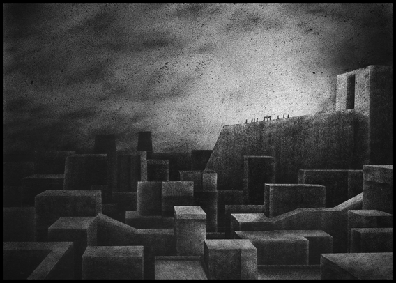 The image is a black and white drawing showing a dense cityscape made of simple rectangular and square-shaped buildings. The buildings are tightly packed, and their tops form a maze-like pattern in the foreground and middle ground.

In the background, on the right side, there is a very large, elevated block-shaped structure that stands above the rest of the city. On top of this large structure, small human figures are visible in silhouette. They are spaced apart and appear to be standing or walking near the edge.

The sky above is filled with a textured, cloudy pattern. The overall lighting creates a soft glow behind the large structure, which slightly illuminates the scene from the right.