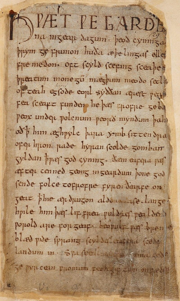 The first folio of the heroic epic poem Beowulf, written primarily in the West Saxon dialect of Old English. Part of the Cotton MS Vitellius A XV manuscript currently located within the British Library. This is a digital photographic copy of the folio. 

Text shown according to https://www.poetryfoundation.org/poems/43521/beowulf-old-english-version: 

HWæT. WE GARDE na in geardagum, þeodcyninga, [129] þrym gefrunon, hu ða æþelingas ellen fremedon. Oft Scyld Scefing sceaþena þreatum,monegum mægþum, meodosetla ofteah, egsode eorlas. Syððan ærest wearð feasceaft funden, he þæs frofre gebad, weox under wolcnum, weorðmyndum þah, oðþæt him æghwylc þara ymbsittendra ofer hronrade hyran scolde, gomban gyldan. þæt wæs god cyning. ðæm eafera wæs æfter cenned, geong in geardum, þone god sende folce to frofre; fyrenðearfe on geat þe hie ær drugon aldorlease lange hwile. Him þæs liffrea, wuldres wealdend, woroldare forgeaf; Beowulf wæs breme blæd wide sprang, Scyldes eafera Scede landum in. Swa sceal geong guma gode gewyrcean, fromum feohgiftum on fæder.

https://en.wikipedia.org/wiki/Beowulf#/media/File:Beowulf_Cotton_MS_Vitellius_A_XV_f._132r.jpg