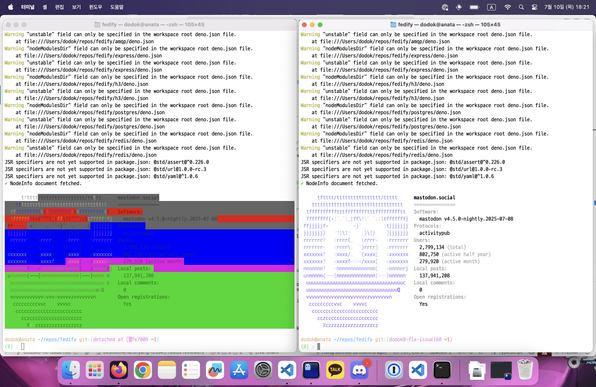 Side-by-side comparison of `fedify node` command output showing terminal favicon display. Left side shows broken display on terminal without truecolor support with corrupted color blocks. Right side shows proper display after the fix with clean, correctly rendered favicon and NodeInfo output including mastodon.social server information and statistics.