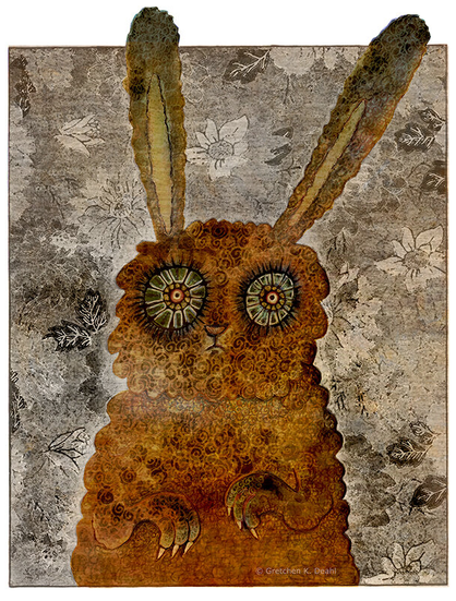 Textured colors of spotted, mottled rust, gold and green. An ink drawing of a rabbit-like creature stares with distress and wonder outward. It has a  small nose and mouth.  Its clawed arms hang protectively in front of it.