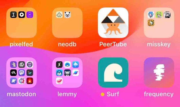 screenshot snippet of iphone folders for various fediverse platforms