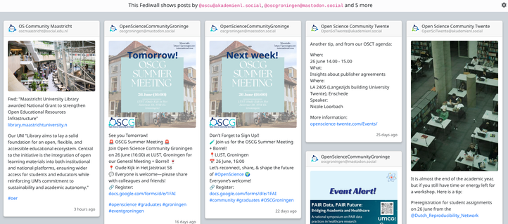 Screenshot of the linked fediwall, showing mastodon posts as boxes of various sizes in 5 vertical columns. It shows the announcement of an Open Educational Resource grant and four meeting invitations, from the Maastricht, Groningen, and Twente OSCs.