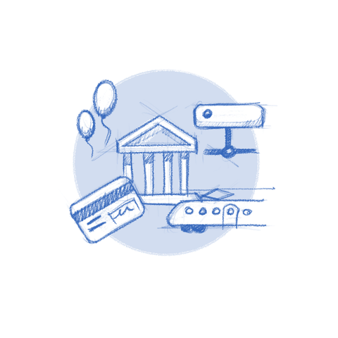 GNOME Foundation website sketch. Infrastructure signified with a networked server, travel/conferences by a train, Legal support with a court house, funding with a payment card.