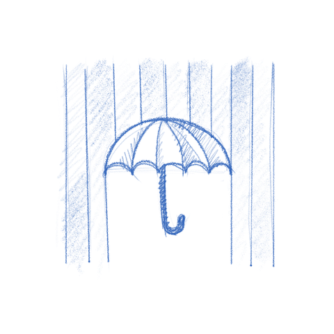 GNOME Foundation website sketch. An umbrella signifying shielding developers and community members. Rain hints at the old stripe theme from the GNOME 3 days.