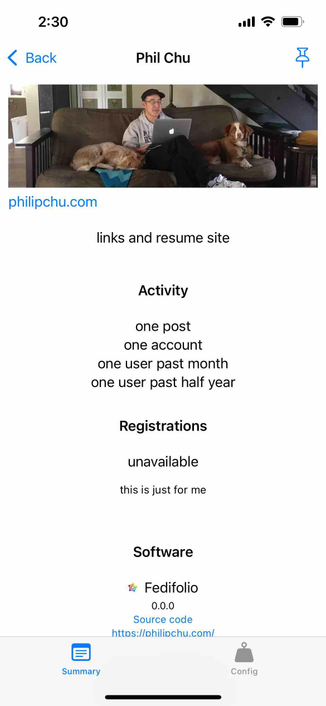 screenshot of an instance showing me and two dogs not mine and stats showing just one user and virtually no activity