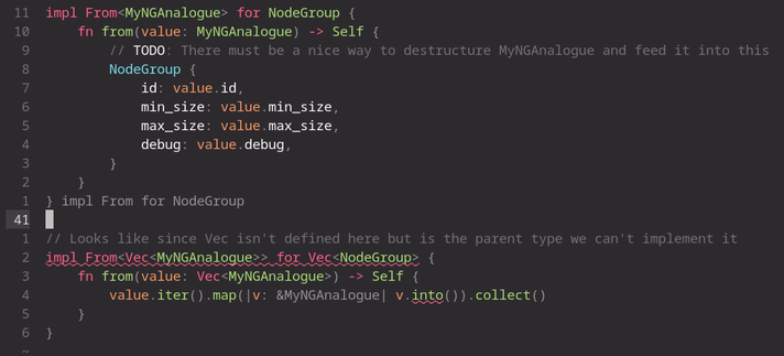 an implementation of From between an external crate's Type "NodeGroup" and a wrapper Type of mine "MyNGAnalogue".