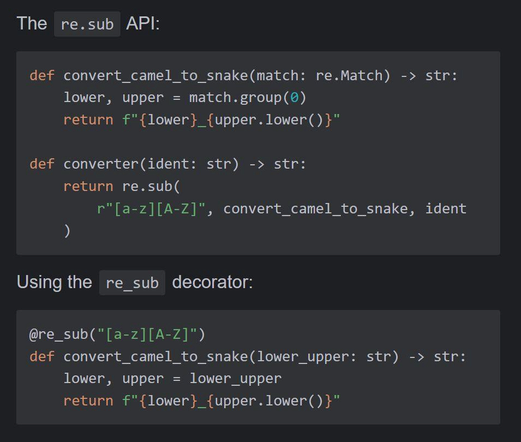 Two Python snippets, showing before and after using the @re_sub decorator to simplify using the re.sub function. The first snippet shows the standard usage, creating a function that takes an re.Match object, and returns a string with the content that should replace the content matched by the regular expression. The first snippet also contains a function that calls re.sub with its 3 required arguments: a str containing the regular expression, the function to call for each match, and the string to be processed with the regular expression and the transforming function. The second snippet shows how the re_sub decorator encapsulates all this logic, so that only the regular expression and a simplified converter (using only Python strings instead of re.Match objects) need to be defined.