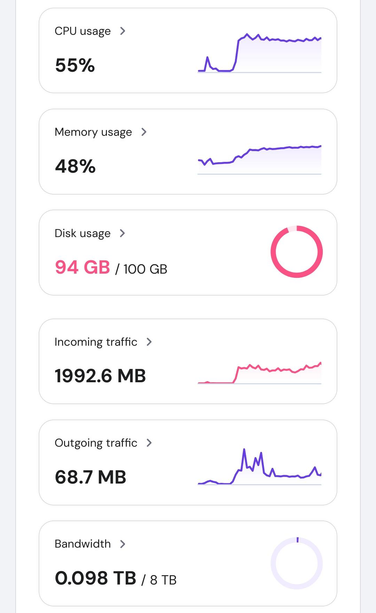 Server dashboard showing high resource usage with CPU at 55% and disk nearly full