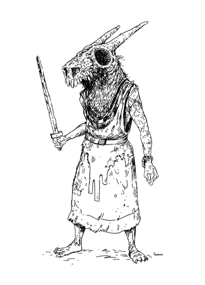 Drawing of a beastman holding a sword