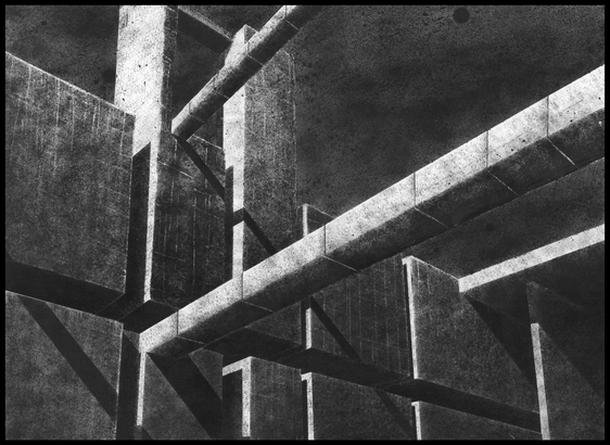 The image is a black and white drawing of a large, abstract architectural structure. The scene is composed of tall rectangular columns and long horizontal beams that intersect at sharp angles. The beams appear to be suspended in the air, crossing between the columns like bridges or supports.

The view is from below, looking upward, which emphasizes the height and scale of the structure. The background is mostly dark and textured like a cloudy sky. The lighting highlights the edges of the beams and columns, casting deep shadows and creating a strong contrast.

There are no people, objects, or signs of activity — only architectural forms.


