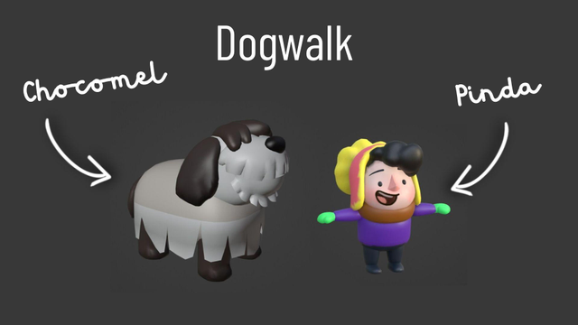 The characters of the game Dogwalk on Steam. Chocomel is the dog and Linda is the little boy.