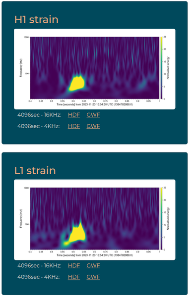 Screenshot of from the Gravitational Wave Open Science Center showing spectrograms of the signal (which is short) as well as links to download the raw data.