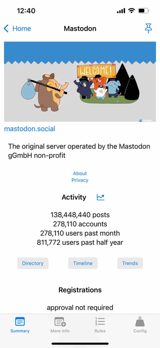 screenshot of the instance description for mastodon.social listing about and privacy links