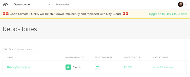Cropped screenshot of a part of the Code Climate dashboard with the message: "🚨🚨 Code Climate Quality will be shut down imminently and replaced with Qlty Cloud. 🚨🚨
Upgrade to Qlty Cloud now"