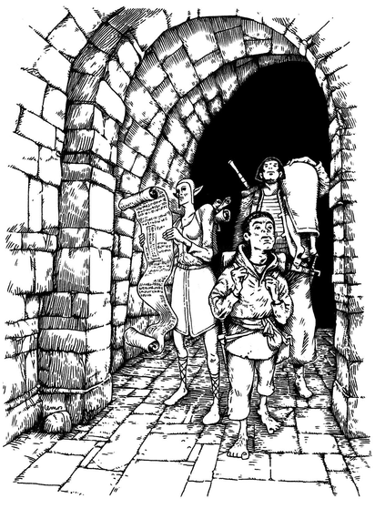 Drawing of a party of adventureres that look lost in a dungeon