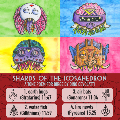 Album cover for "Shards of the Icosahedron: a tone poem for Dirge by Dino Cevolatti" with four fantastical masks