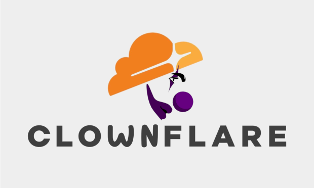 the cloudflare logo (a flat orange cloud-the right fifth of the cloud is a lighter orange, and the two colors are separated by a white gleam) but its rotated a bit to be hair for a clown face (with purple mouth makeup, purple nose, and purple eye makeup). theres bold impact font CLOUDFLARE beneath the clown, but the UD has been replaced with WN in a comic sans style font so it says CLOWNFLARE