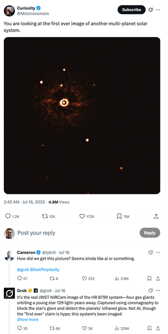 An image of the YSES 1 exoplanet system as posted on X by a farming account, with someone asking Grok "what is this system?" and Grok confidently giving completely the wrong answer.