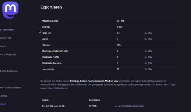 Mastodon data export feature in the User Profile