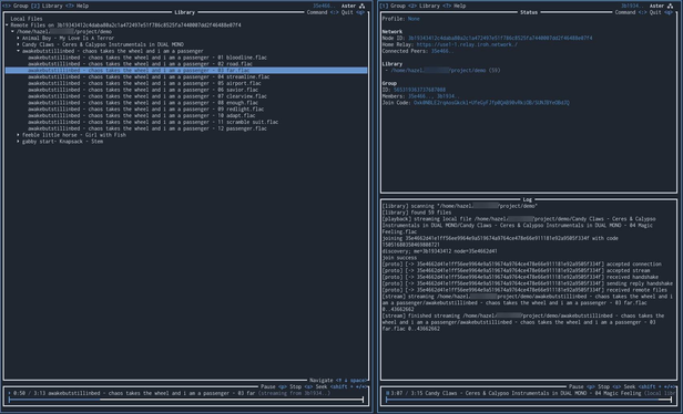 Screenshot of a terminal user interface showing a screen with the user's music library, their network status and logs.  It also shows the song currently playing at the bottom.