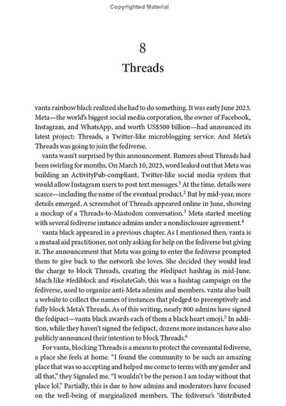 first page of the 8th chapter of Move Slowly and Build Bridges: Mastodon, the Fediverse, and the Struggle for Democratic Social Media. too long to transcribe or OCR but it starts with "chapter 8: Threads: vanta rainbow black realized she had to do something. it was early june 2023..."