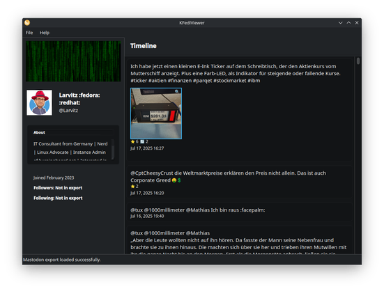 Screenshot of KFediviewer. A local tool to view Mastodon data exports