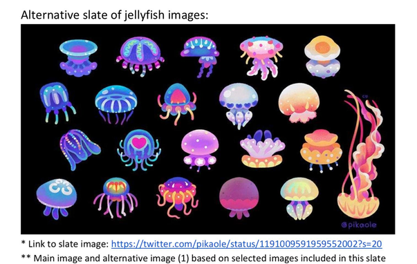 Alternate slate of jellyfish images from the🪼emoji proposal. Many multicoloured multi species jellies that could have been used for the emoji. If you look on the different platforms now you can see that most of them use a blue 🛎️ but if you do use some of these alternatives, which is kind of cool. 