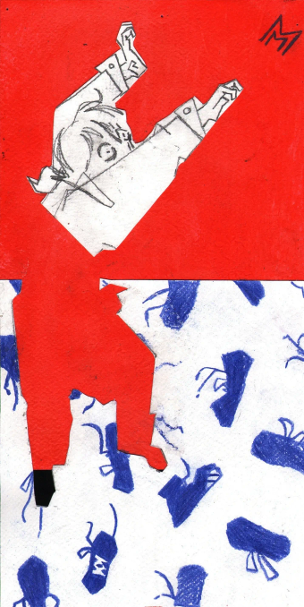 An abstracted image of a girl falling against a background that is one half all red ink, one half white paper with drawings of blue shoes descending. Her left foot is cut out, as if all shoes are related to that section.