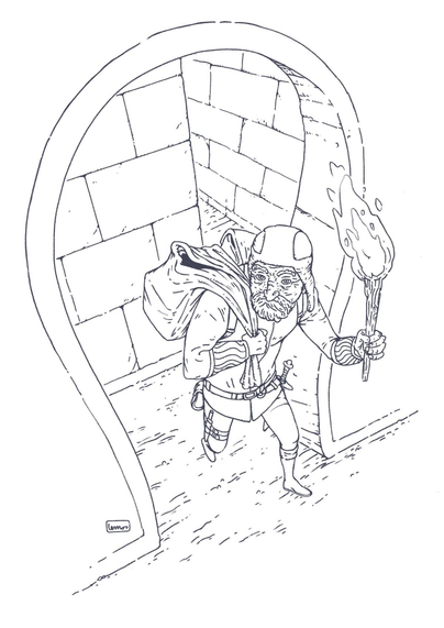 Drawing of a medieval fantasy explorer holding a torch, walking trough dungeon corridors with a bag of loot.