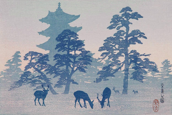 Early morning in Nara Park. Three deer forage in the foreground; beyond them, another pair of deer pass under tall trees. Further on, the shape of the five-story pagoda at Kofuku-ji rises above the treetops; above, the early morning sky is tinted a soft rose with the approaching dawn. The deer, the trees and the temple are all rendered in shadowy blue silhouettes.
