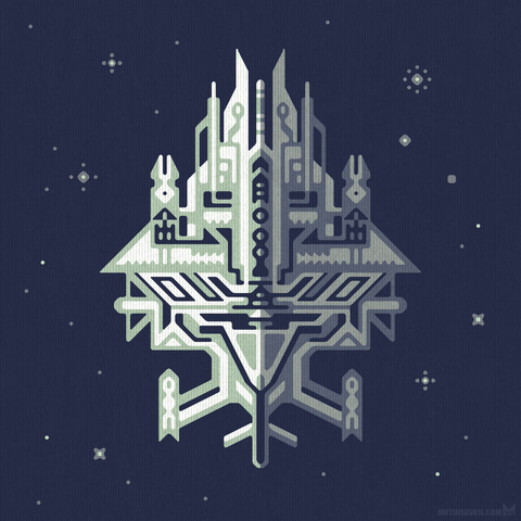 Alien spaceship in space with lots of greebles, in a clear graphic design style.
