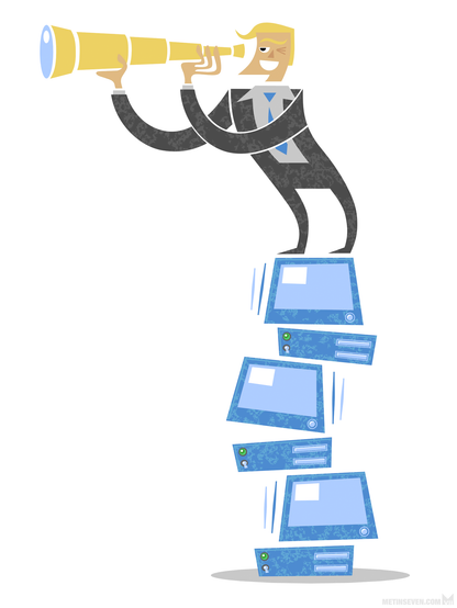 Stylized vector illustration, showing a businessman standing on a wobbly stack of computers, while looking into the distance through a telescope.