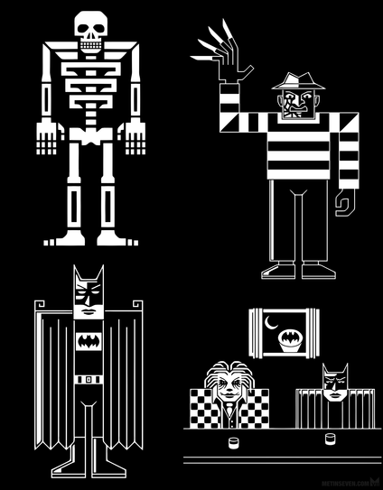 Four 2D designs, showing a very stylized skeleton, Freddy Krueger from A Nightmare on Elm Street, Batman and the Joker.