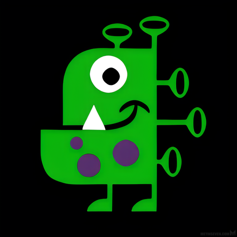 Whimsical, cartoon-style, green monster character with big purple spots and a big fang.