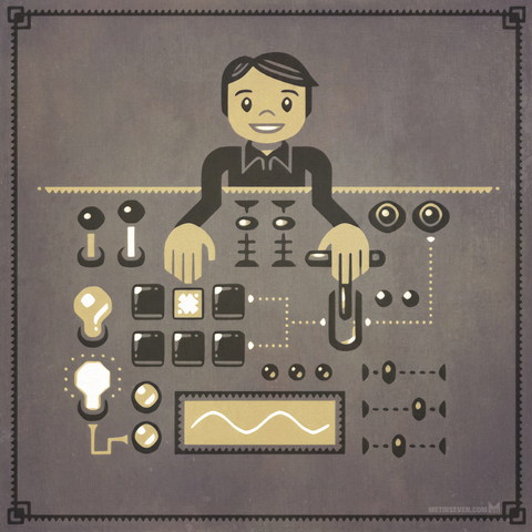 Retro cartoon style artwork, showing a boy happily controlling a large computer with various knobs, dials, lights and levers.
