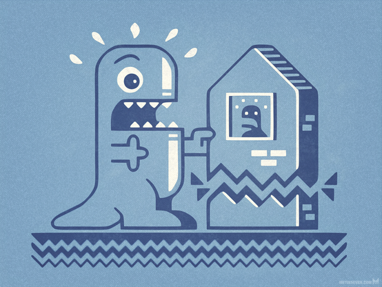 Graphic-style 2D illustration, showing a dinosaur-like monster getting scared by a human inside a house the monster is demolishing, while the human is equally scared by the monster.