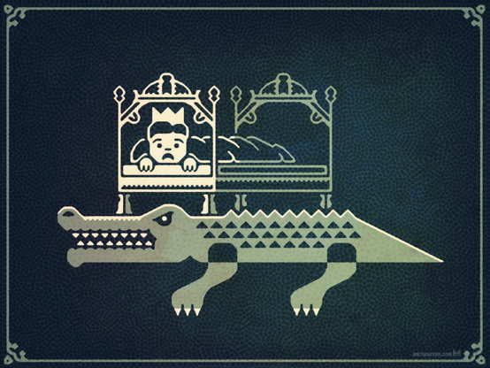 Graphic illustration of a young prince in his bed, anxiously looking down upon a large crocodile under his bed.