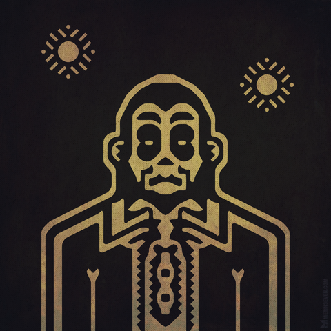 Graphic illustration of a stylized shady character with a couple of lights in the distance behind him.