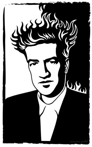 Retro comic style black and white portrait of the late film director David Lynch.