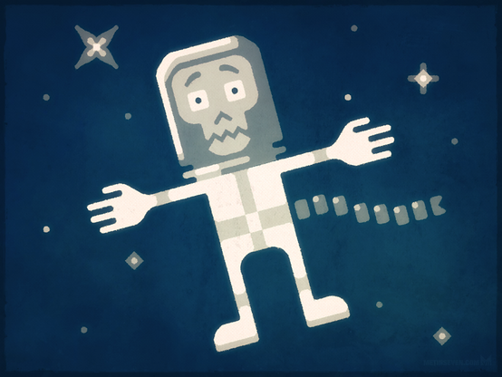 Stylized 2D cartoon artwork, showing an unfortunate dead astronaut, drifting far away from a space walk with a disconnected air hose.