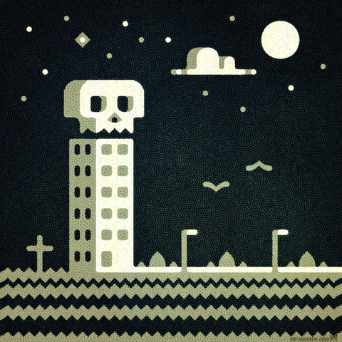 Stylized 2D artwork, showing a sinister hotel at night, with a large skull on top of the building, and a graveyard as its backyard.