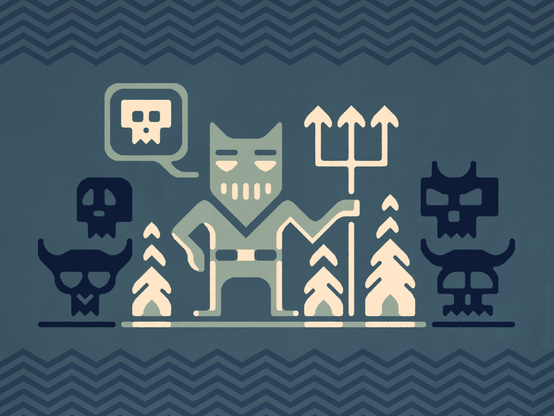 Stylized 2D artwork, showing a demon with a trident in hell, surrounded by all kinds of skulls he collected.