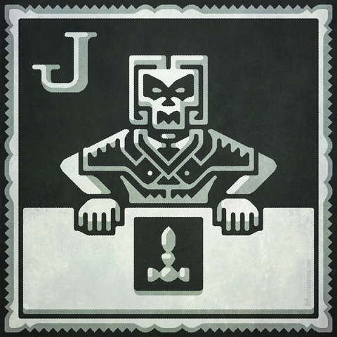 2D artwork, showing a stylized zombie judge in a postage stamp like frame.